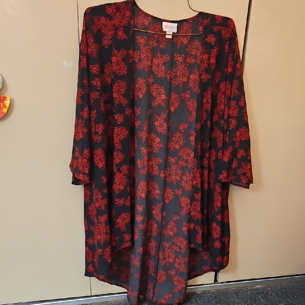 Lularoe Lindsay Red Floral Sheer Kimono, Medium